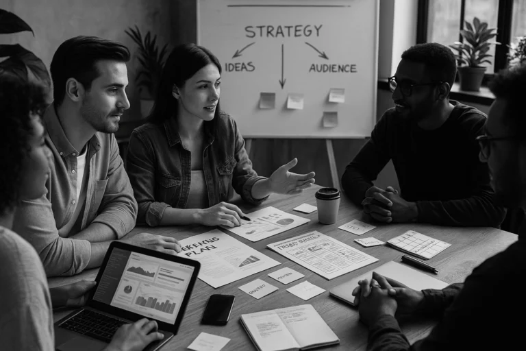 Ομάδα επαγγελματιών συζητά στρατηγική digital marketing γύρω από τραπέζι με διαγράμματα, laptop και αναλύσεις.